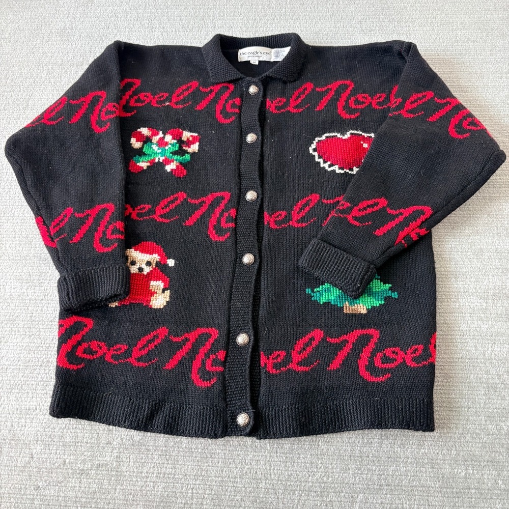 Vintage 90's Eagles Eyes Christmas Cardigan Women M Black Noel Needlepoint Wool